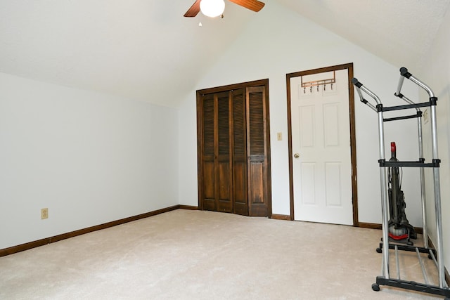 4901 Cindy Cir NW, Cleveland, TN 37312 - exercise room featuring light colored carpet, a ceiling fan, and vaulted ceiling