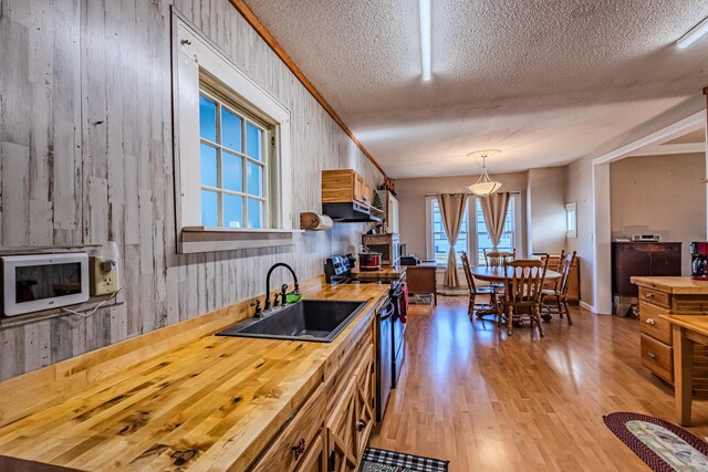 kitchen with wood walls, sink, decorative light fixtures, and light wood-type flooring