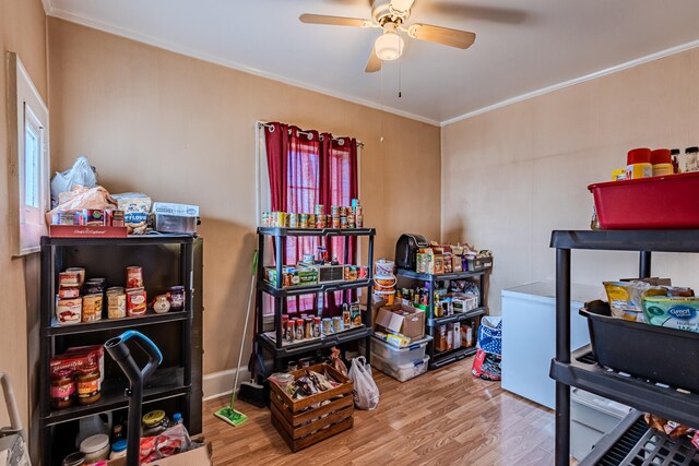 miscellaneous room featuring ceiling fan, hardwood / wood-style floors, and ornamental molding