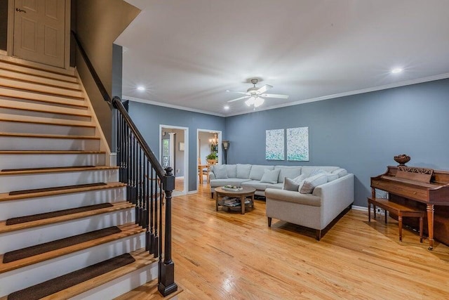 2036 Hickory Valley Rd, Chattanooga, TN 37421 - living area featuring a ceiling fan, stairs, recessed lighting, light wood-type flooring, and baseboards