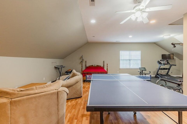 2036 Hickory Valley Rd, Chattanooga, TN 37421 - game room featuring vaulted ceiling, a ceiling fan, wood finished floors, and recessed lighting