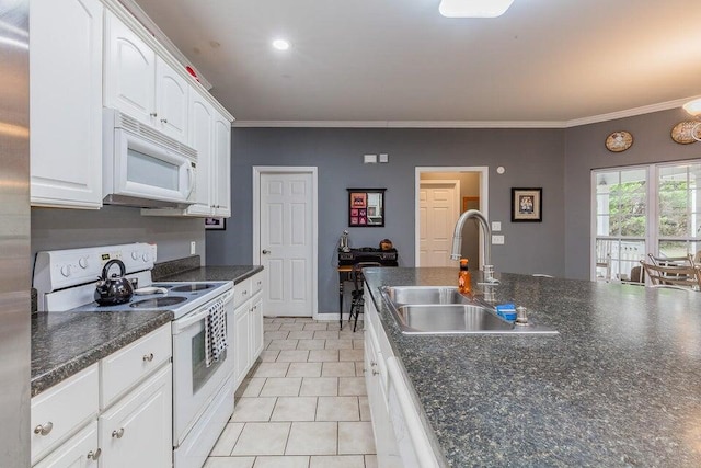 2036 Hickory Valley Rd, Chattanooga, TN 37421 - kitchen with white appliances, a sink, dark countertops, light tile patterned flooring, and white cabinetry
