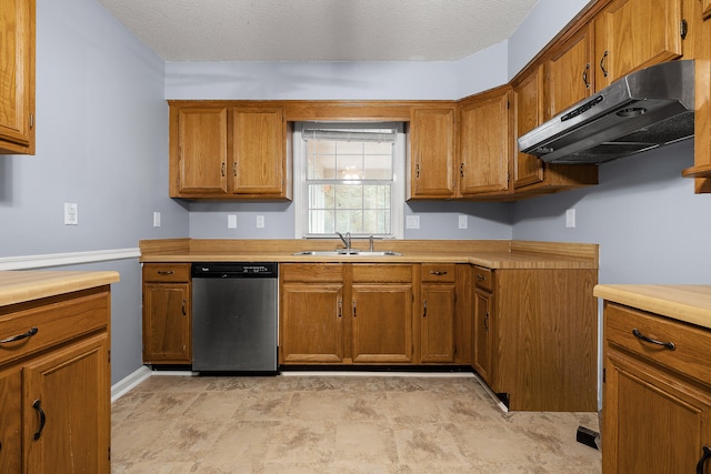 kitchen with sink, stainless steel dishwasher, and a textured ceiling