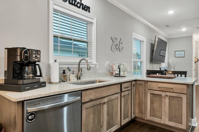 kitchen with ornamental molding, a sink, light stone counters, dishwasher, and a peninsula