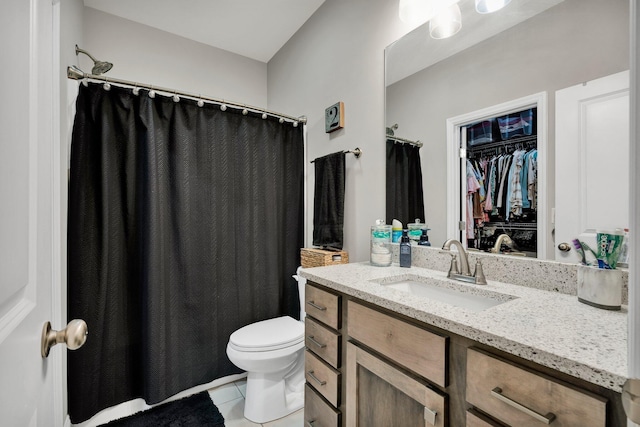 full bathroom with tile patterned flooring, vanity, toilet, and a shower with shower curtain