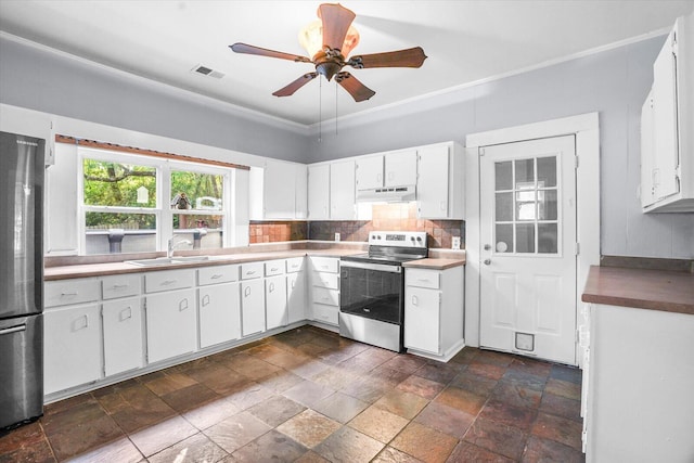 kitchen with appliances with stainless steel finishes, backsplash, ceiling fan, sink, and white cabinetry