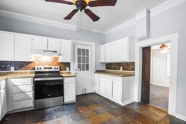 kitchen with decorative backsplash, white cabinetry, and stainless steel range with electric cooktop