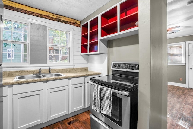 kitchen featuring white cabinets, dark hardwood / wood-style floors, stainless steel electric range oven, and sink