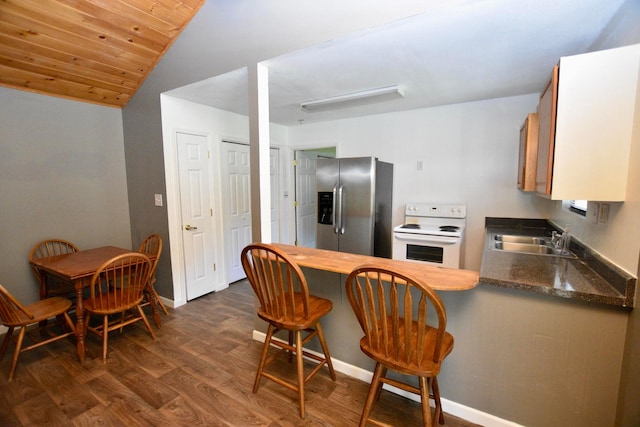 kitchen with stainless steel fridge, vaulted ceiling, sink, electric stove, and dark hardwood / wood-style floors