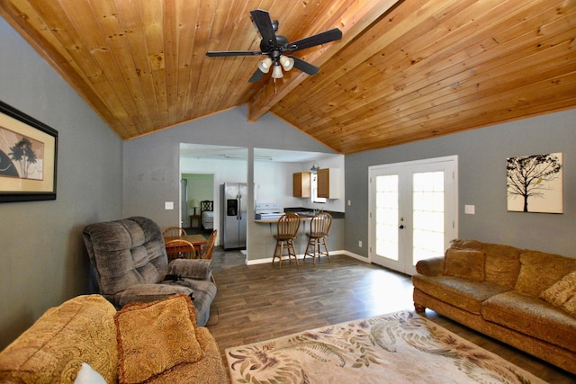 living room featuring french doors, dark hardwood / wood-style flooring, ceiling fan, wooden ceiling, and vaulted ceiling with beams