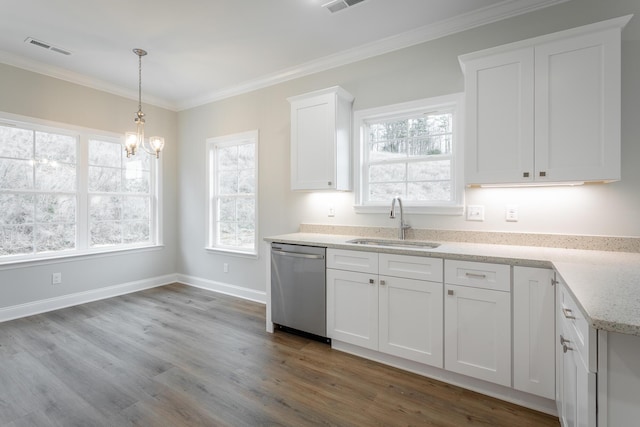 kitchen with sink, light stone counters, stainless steel dishwasher, wood-type flooring, and white cabinets