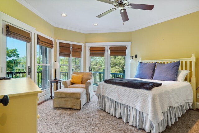 302 Key Cove Rd, Spring City, TN 37381 - bedroom with access to outside, ceiling fan, light colored carpet, recessed lighting, and ornamental molding