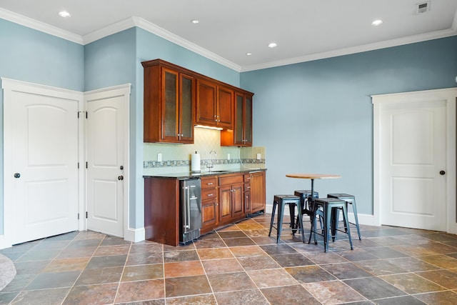 302 Key Cove Rd, Spring City, TN 37381 - kitchen with baseboards, visible vents, glass insert cabinets, and stone tile flooring