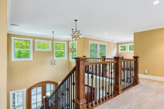 302 Key Cove Rd, Spring City, TN 37381 - corridor featuring baseboards, visible vents, ornamental molding, and an upstairs landing
