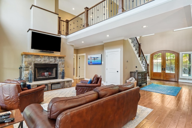 302 Key Cove Rd, Spring City, TN 37381 - living area featuring ornamental molding, french doors, hardwood / wood-style flooring, and a towering ceiling