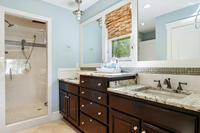 302 Key Cove Rd, Spring City, TN 37381 - bathroom featuring double vanity, a sink, a stall shower, and tile patterned floors