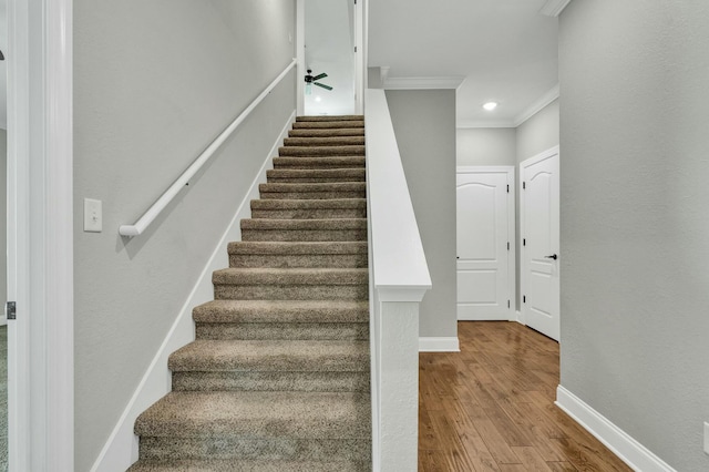 staircase with hardwood / wood-style floors, crown molding, and ceiling fan