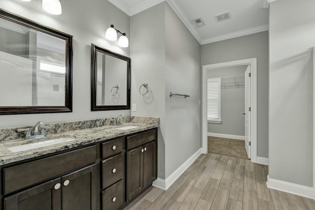 bathroom featuring ornamental molding, wood-type flooring, and vanity