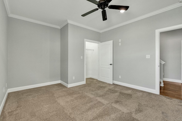 unfurnished bedroom with a walk in closet, ornamental molding, carpet flooring, a closet, and ceiling fan