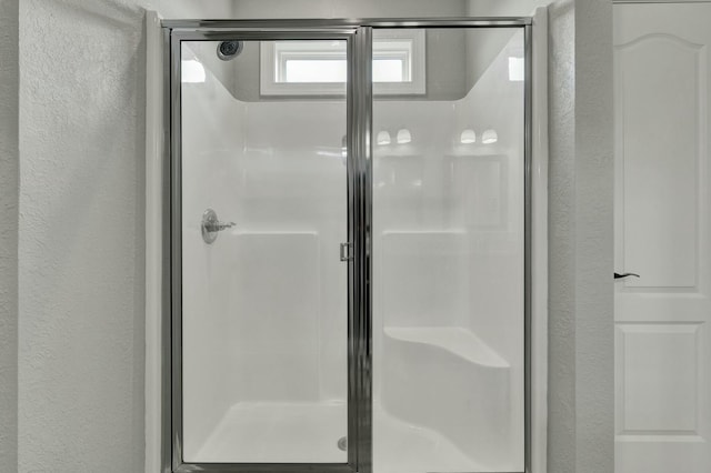 bathroom featuring a shower with door