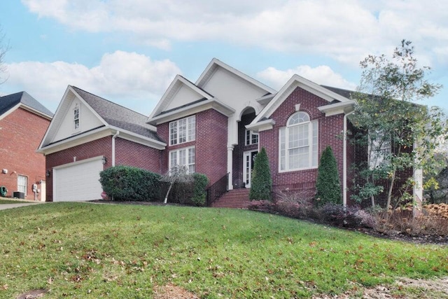 view of front of property featuring a garage, brick siding, and a front yard