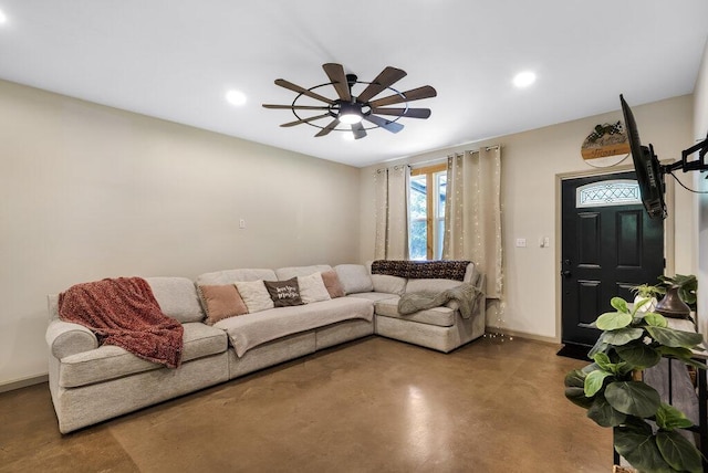 1295 Ideal Valley Rd, Spring City, TN 37381 - living room with finished concrete floors, a ceiling fan, baseboards, and recessed lighting