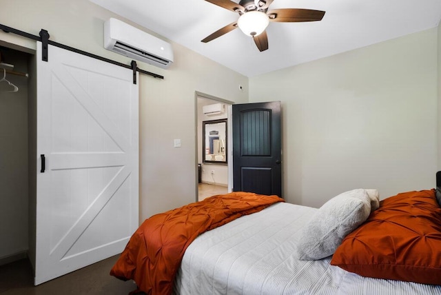 1295 Ideal Valley Rd, Spring City, TN 37381 - bedroom with a barn door, a wall mounted air conditioner, and a ceiling fan