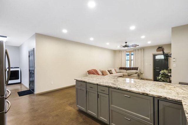 1295 Ideal Valley Rd, Spring City, TN 37381 - kitchen featuring gray cabinets, recessed lighting, finished concrete flooring, ceiling fan, and light stone countertops
