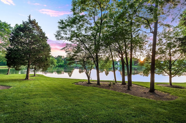 view of community with a lawn and a water view