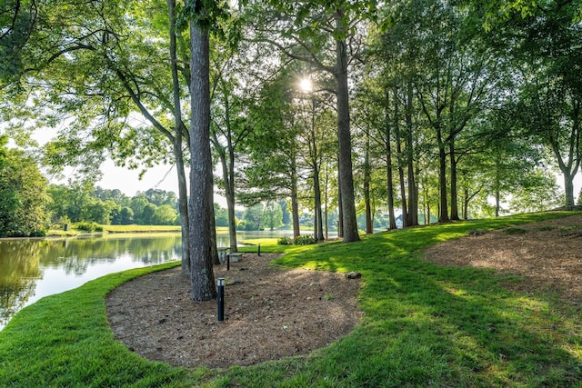 surrounding community featuring a lawn and a water view