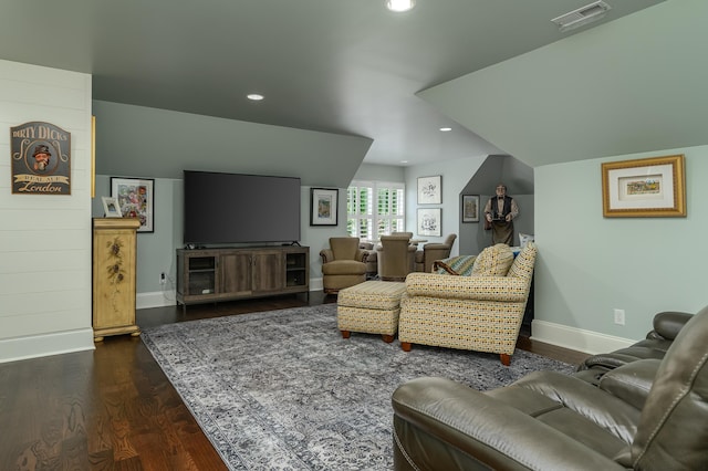 living area with dark wood-style flooring, recessed lighting, baseboards, and visible vents