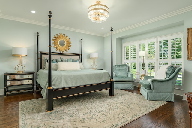 bedroom with crown molding, an inviting chandelier, recessed lighting, baseboards, and wood finished floors