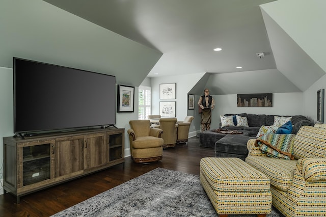 living room featuring recessed lighting, wood finished floors, and lofted ceiling