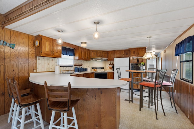 kitchen featuring brown cabinetry, freestanding refrigerator, light countertops, under cabinet range hood, and electric stove
