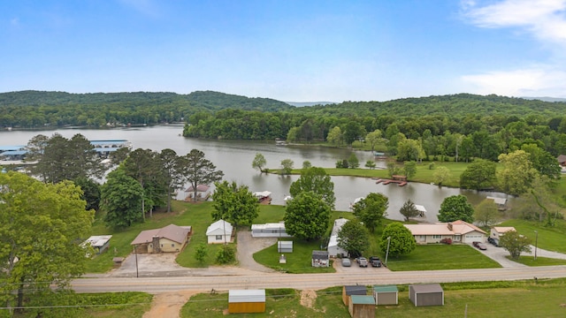 birds eye view of property featuring a water view and a forest view
