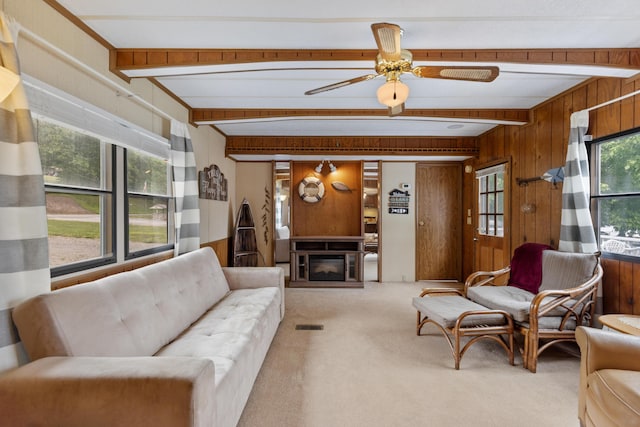 living area with wooden walls, ceiling fan, beam ceiling, a glass covered fireplace, and carpet