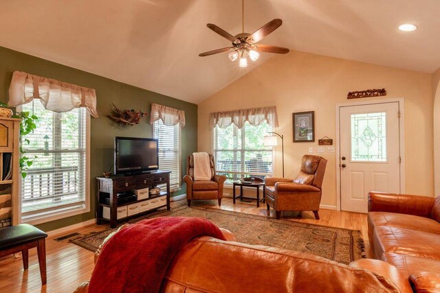 436 Oak Hills Drive Lots 4.5 & 6, Spring City, TN 37381 - living room featuring wood finished floors, ceiling fan, baseboards, recessed lighting, and high vaulted ceiling