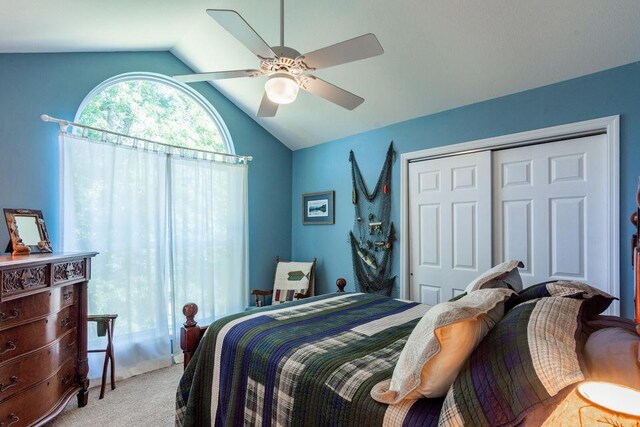 436 Oak Hills Drive Lots 4.5 & 6, Spring City, TN 37381 - bedroom with light carpet, vaulted ceiling, a closet, and a ceiling fan