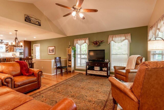 436 Oak Hills Drive Lots 4.5 & 6, Spring City, TN 37381 - living room with vaulted ceiling, a ceiling fan, wood finished floors, a chandelier, and recessed lighting