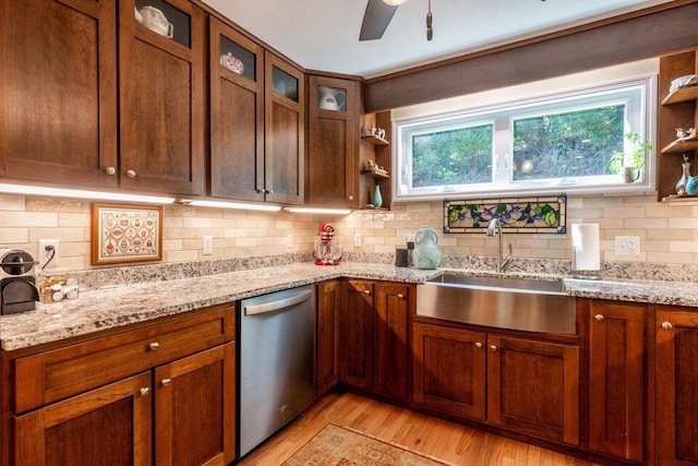 436 Oak Hills Drive Lots 4.5 & 6, Spring City, TN 37381 - kitchen featuring stainless steel dishwasher, open shelves, a sink, and decorative backsplash