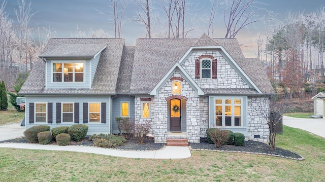 view of front of house featuring a front yard and a shingled roof