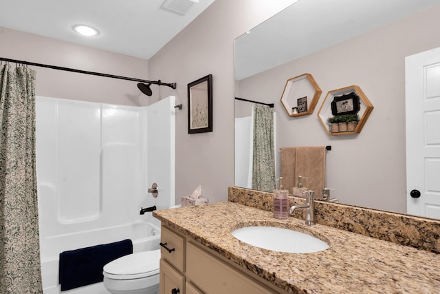 full bathroom with shower / bath combination with curtain, visible vents, toilet, and vanity