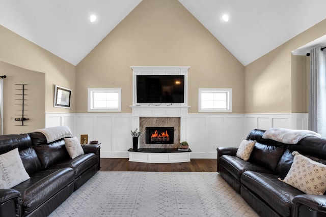 living area featuring wainscoting, dark wood-type flooring, and a premium fireplace