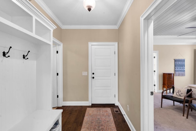 mudroom featuring dark wood-style floors, baseboards, and ornamental molding