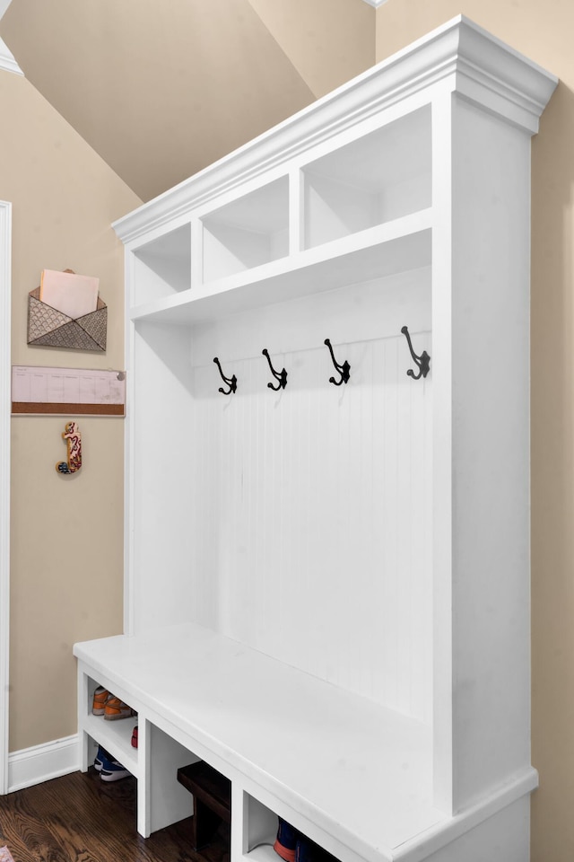 mudroom featuring baseboards and dark wood finished floors