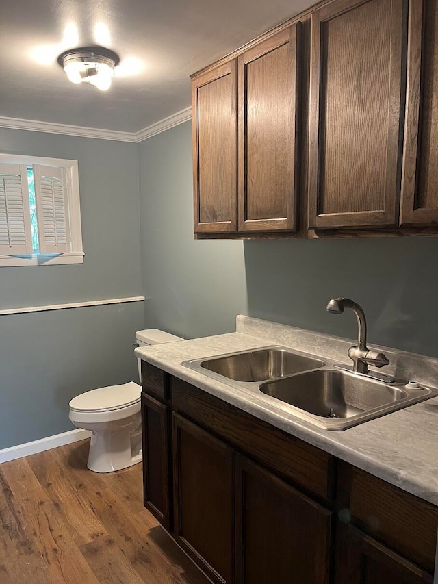 bathroom featuring vanity, toilet, wood-type flooring, and crown molding