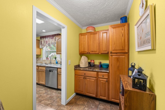 393 Friendship Ln, Delano, TN 37325 - kitchen with dishwasher, a sink, ornamental molding, dark countertops, and brown cabinetry
