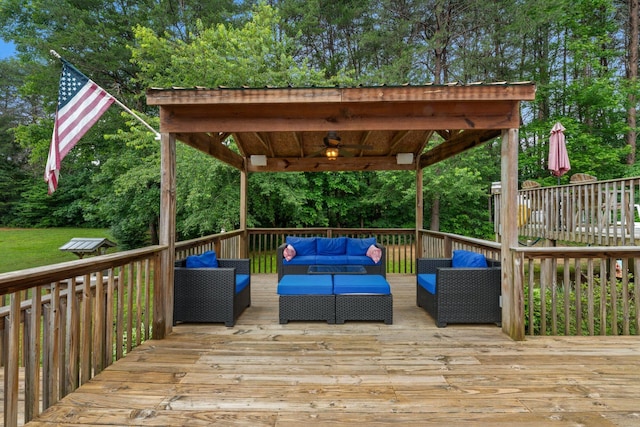 393 Friendship Ln, Delano, TN 37325 - deck featuring an outdoor hangout area and view of wooded area