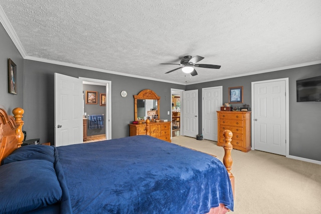 393 Friendship Ln, Delano, TN 37325 - bedroom with light carpet, ornamental molding, baseboards, a ceiling fan, and a textured ceiling