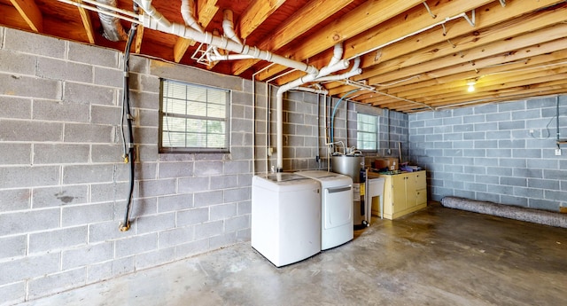 basement with washer and clothes dryer and electric water heater